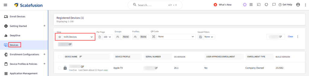 apple tv mdm enrollment:: scalefusion dashboard