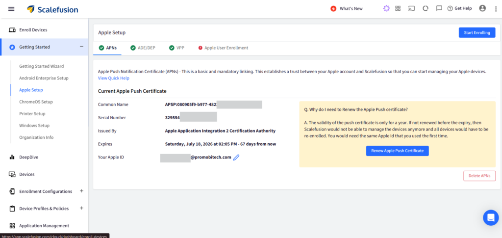 Add APNs Certificate details in Scalefusion