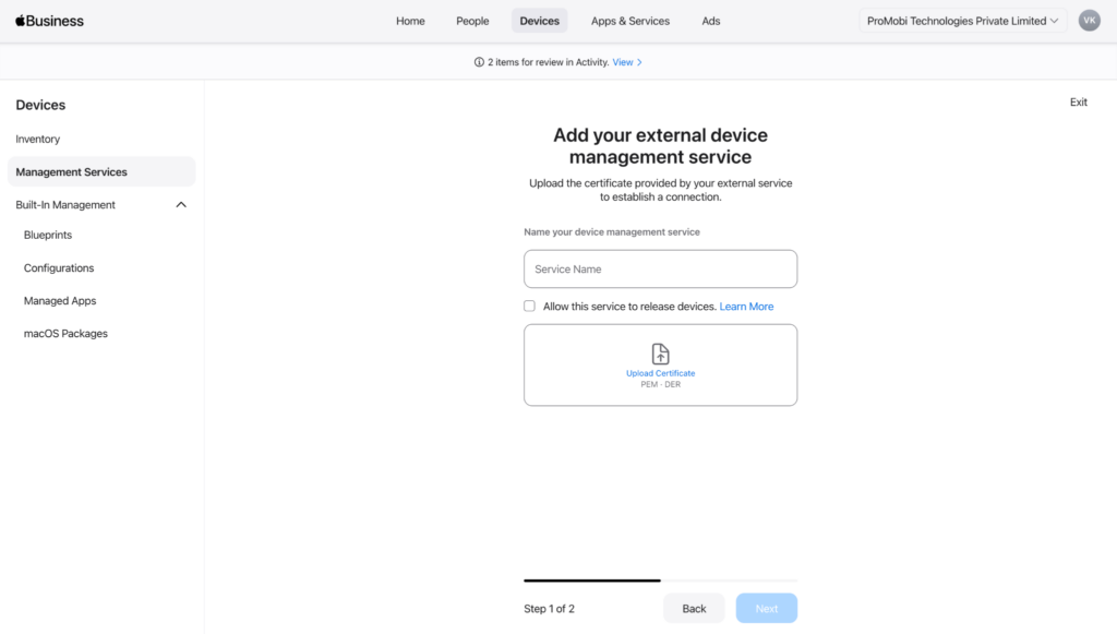 Add apple business external device