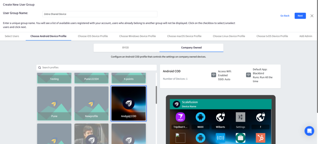 Pantalla para crear un nuevo grupo de usuarios con selección de perfil de dispositivo (BYOD frente a propiedad de la empresa) y una cuadrícula de perfiles de usuario debajo de la barra de pestañas, y una tarjeta de resumen de perfil en el lado derecho para Android COD en primer plano.