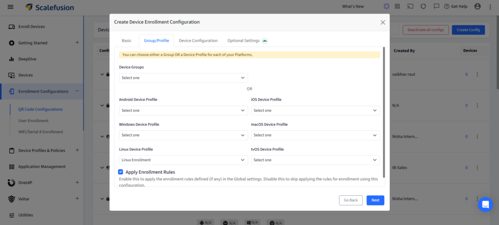 Create Device Enrollment Configuration dialog with Group/Profile tab, showing device profile dropdowns and Apply Enrollment Rules option