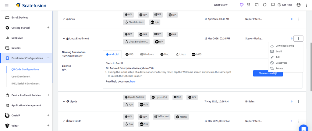 Scalefusion admin dashboard showing Enrollment Configurations with device groups and Android/iOS/Windows tabs embedded in the page.