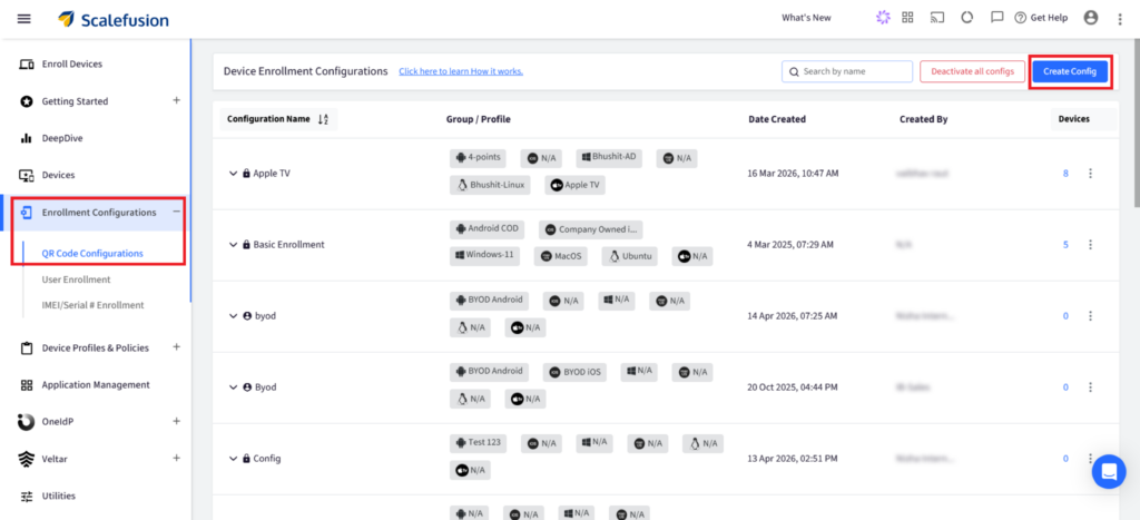 Admin dashboard showing Enrollment Configurations list with Create Config button highlighted on the top right side of the page.