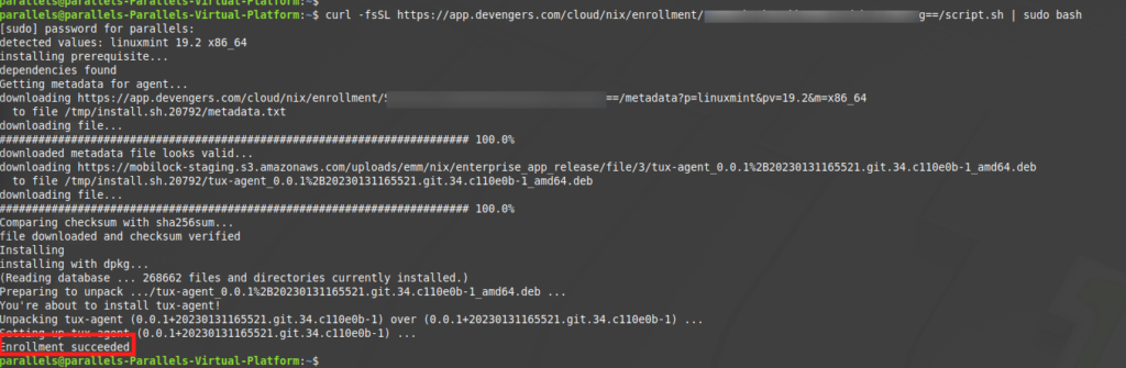 Terminal window showing a package install: downloading metadata, unpacking tux-agent, and enrollment succeeded highlighted in red.