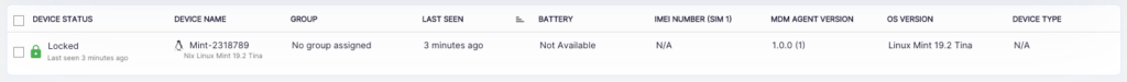 Device row: Locked Mint-2318789, last seen 3 minutes ago, group None, battery Not Available, OS Linux Mint 19.2 Tina, MDM 1.0.0, type N/A.