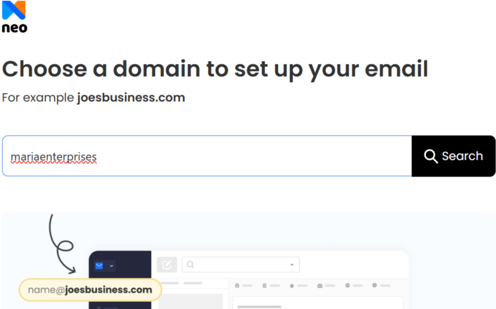 Neo-logotypen längst upp till vänster med rubriken "Välj en domän för att konfigurera din e-post" och en domänsökfält som visar "joesbusiness.com" bredvid en svart "Sök"-knapp.