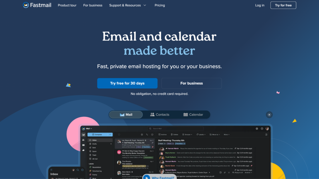 Fastmail-hjälte: mörkblå tonad banner med texten "E-post och kalender har blivit bättre" och två knappar med uppmaning till handling