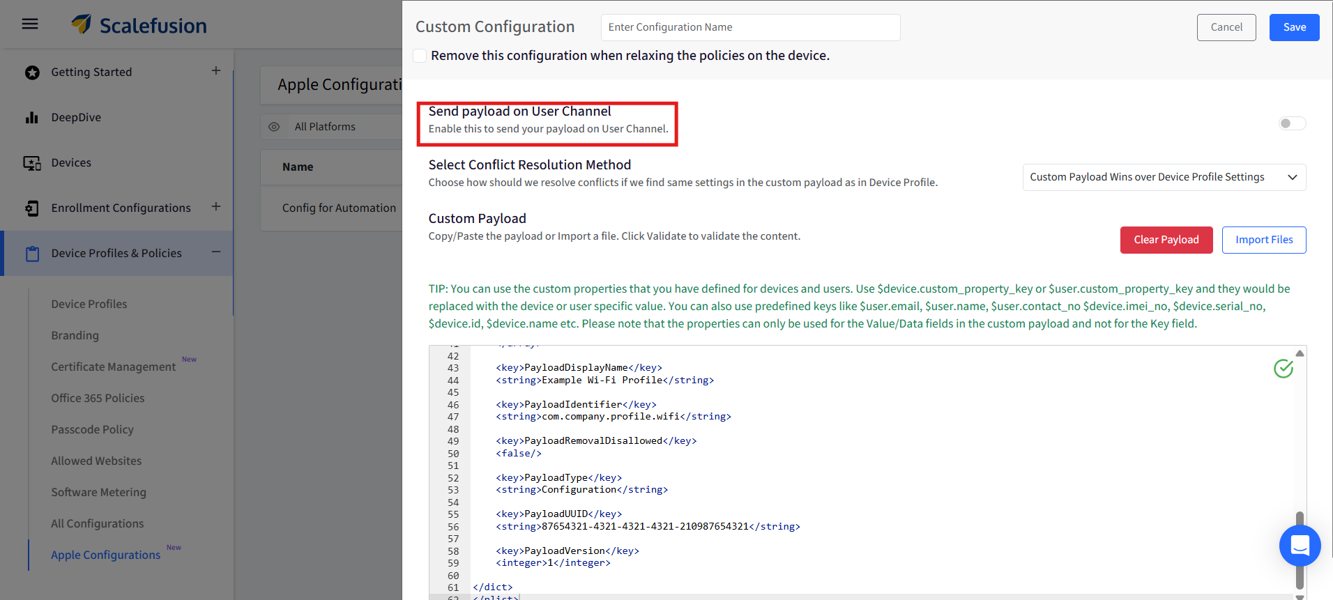 Pannello di configurazione personalizzata di ScaleFusion che mostra l'opzione "Invia payload sul canale utente" con un interruttore e un testo esplicativo.
