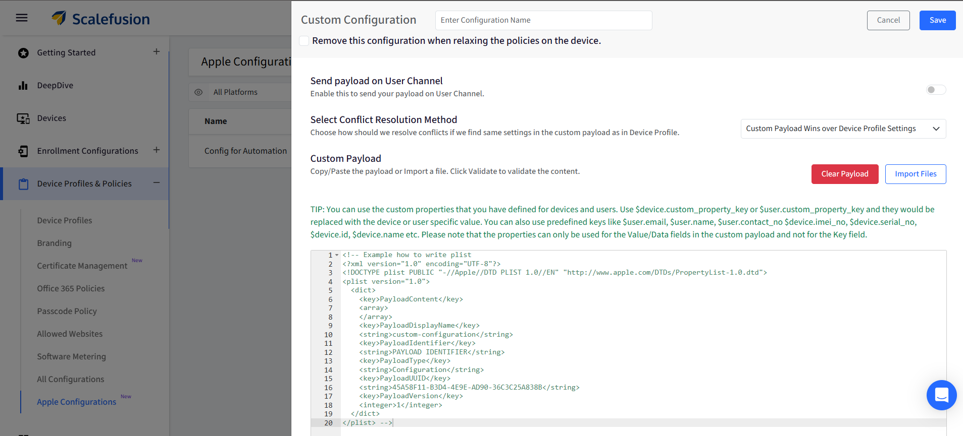 Il pannello di configurazione personalizzata si apre con opzioni per abilitare l'invio del payload, il metodo di risoluzione dei conflitti e un'area di testo per un payload personalizzato; include le azioni Cancella payload e Importa file.