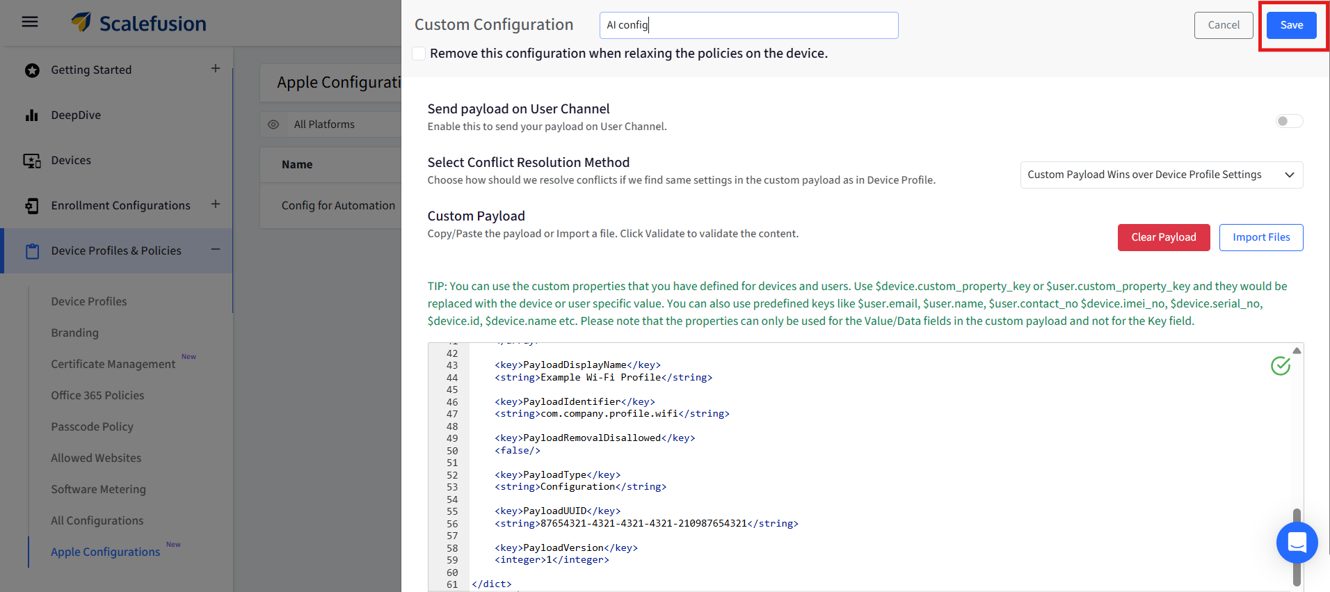 Apri il pannello Configurazione personalizzata in ScaleFusion che mostra la configurazione dell'IA, la risoluzione dei conflitti e l'editor del payload con codice di esempio.