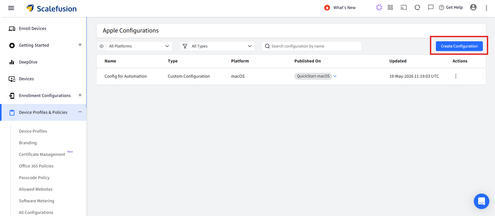 Pagina di configurazione di Apple con un elenco che mostra "Configurazione per l'automazione" e un pulsante blu "Crea configurazione" sulla destra.