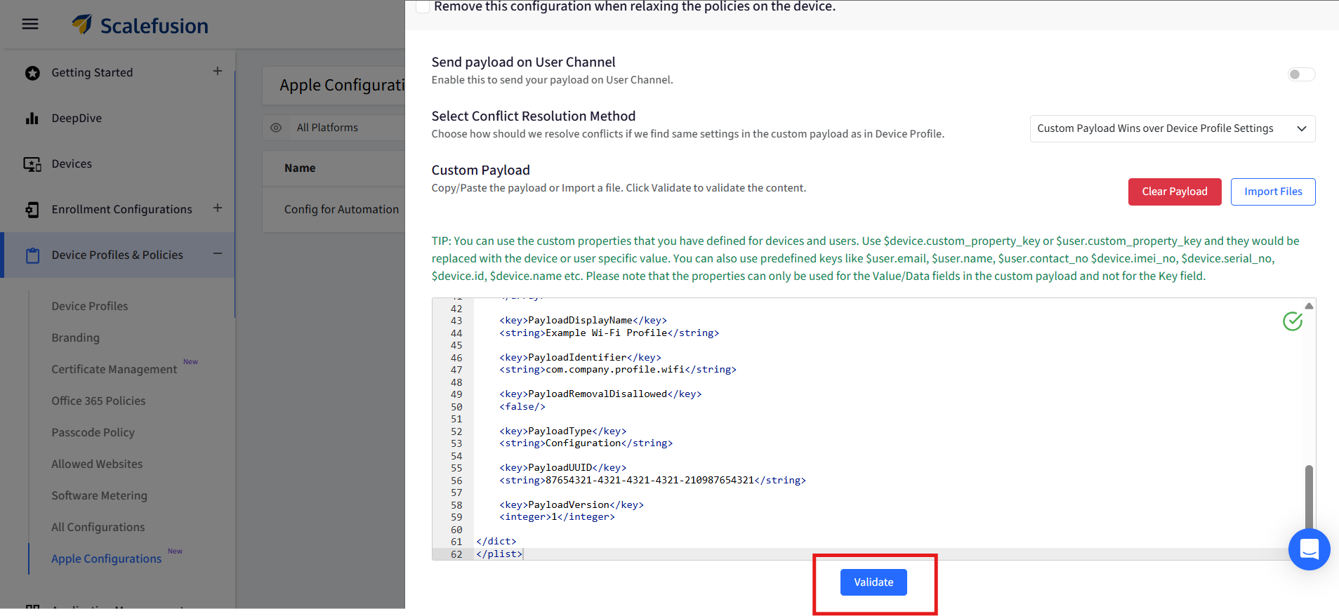 Finestra di configurazione modale di ScaleFusion che mostra le opzioni del payload, la risoluzione dei conflitti, un editor di payload XML e le azioni Cancella payload, Importa file e un pulsante Convalida.