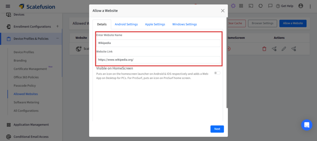 Dialog untuk Membenarkan Laman Web dengan medan untuk Nama Laman Web dan Pautan Laman Web (contoh: Wikipedia dan https://www.wikipedia.org/)