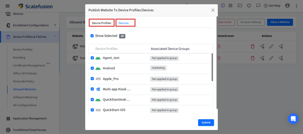 Modal: Terbitkan Laman Web Ke Profil/Peranti Peranti dengan dua tab Profil Peranti dan Peranti; menunjukkan senarai peranti dengan kotak pilihan (Agent_test, Android, iOS Apple_Pro, Kiosk Berbilang Apl, QuickStartAndr..., QuickStart-iOS) dan butang Hantar.