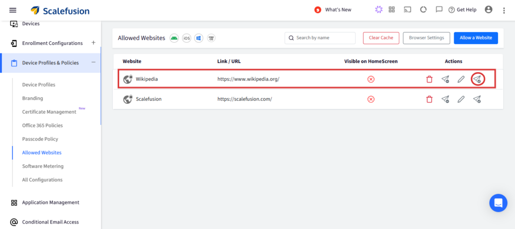 Tangkapan skrin halaman Laman Web Dibenarkan dalam Scalefusion yang menunjukkan entri Wikipedia dan Scalefusion dengan ikon tindakan dalam lajur Tindakan.