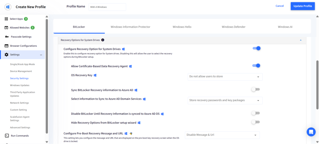 Kiolesura cha mtumiaji cha kuunda wasifu mpya katika mipangilio ya usalama ya Windows, kuonyesha chaguo za BitLocker na swichi za kugeuza kwa mipangilio ya urejeshaji.