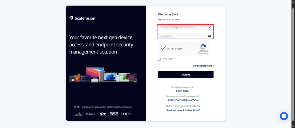 Split-screen login page: left dark marketing panel with Scalefusion slogan and device collage; right sign-in form with two input fields and captcha.