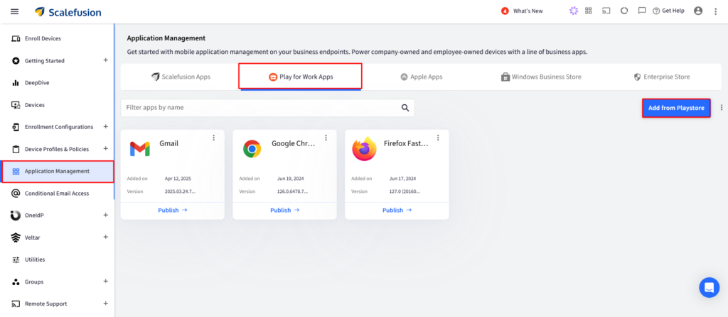 ScaleFusion Application Management dashboard with Play for Work Apps tab selected and Add from Playstore button; app cards for Gmail, Chrome, and Firefox.