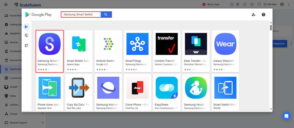 Google Play store search dialog showing 'Samsung Smart Switch' in the search box and a grid of app cards, with the first card highlighted.