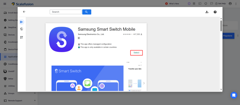 Overlay modal showing Samsung Smart Switch Mobile app listing with its icon and a 'Select' button in a store UI within a dashboard.