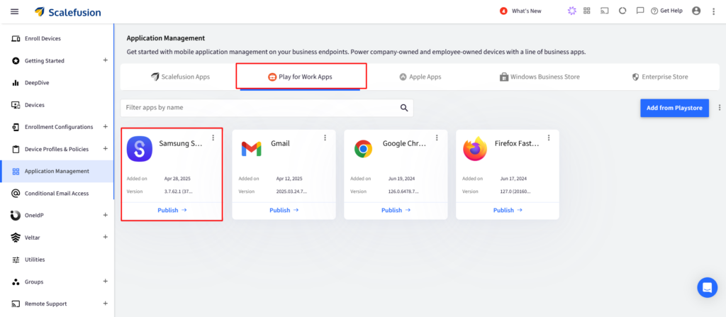 ScaleFusion Application Management dashboard showing four app cards (Samsung S…, Gmail, Google Chrome, Firefox) with a left navigation menu.