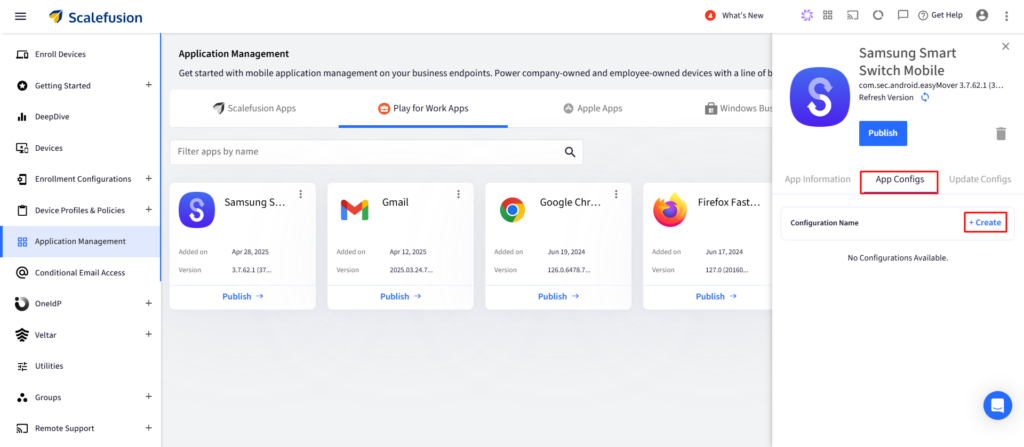 ScaleFusion Application Management dashboard with left navigation; app cards for Samsung, Gmail, Chrome and Firefox; right panel shows Samsung Smart Switch Mobile with App Configs tab and Create button