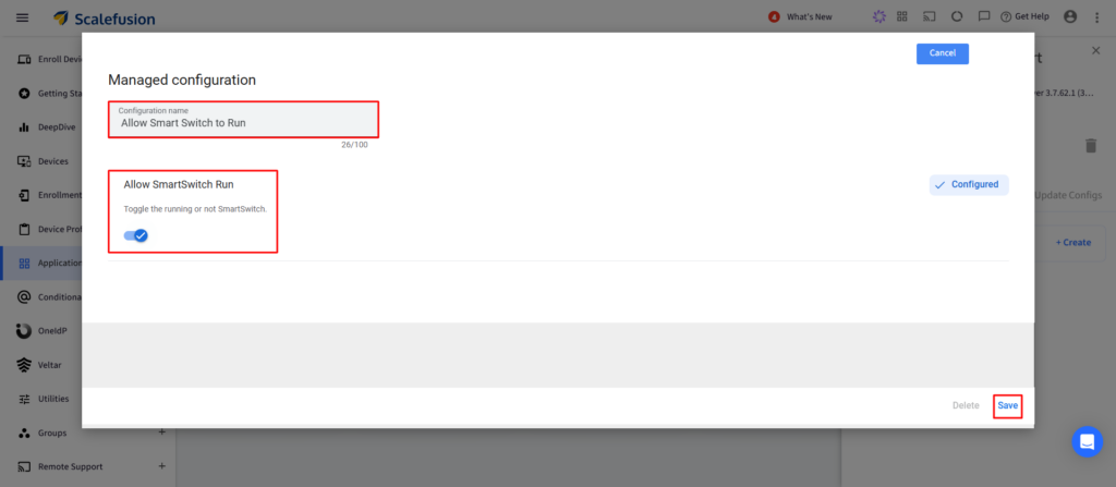 Modal titled 'Managed configuration' showing config name 'Allow Smart Switch to Run' and an on/off toggle labeled 'Allow SmartSwitch Run', with a highlighted 'Save' button