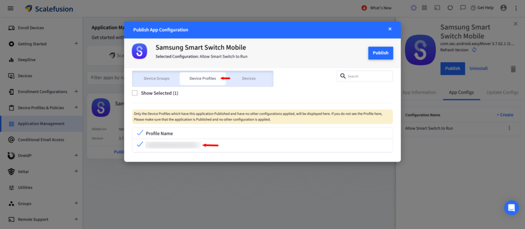 Dialog: Publish App Configuration for Samsung Smart Switch Mobile with Device Profiles tab active and one profile selected under a list of profiles.