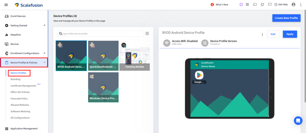ScaleFusion Device Profiles page showing four profile cards and a Create New Profile button in the header area.