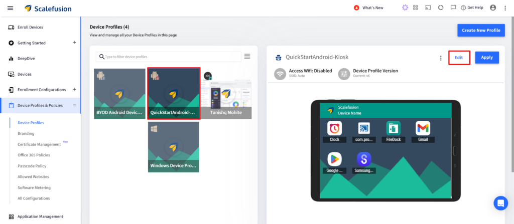 ScaleFusion Device Profiles page with a grid of profile tiles; one tile is selected with a red border, and a QuickStartAndroid-Kiosk panel on the right shows Edit and Apply options.