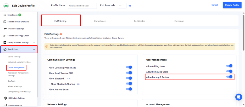 Screenshot of a settings dashboard with a left navigation menu; Restrictions section expanded and Device Management highlighted, showing User Management option 'Allow Backup & Restore' enabled.