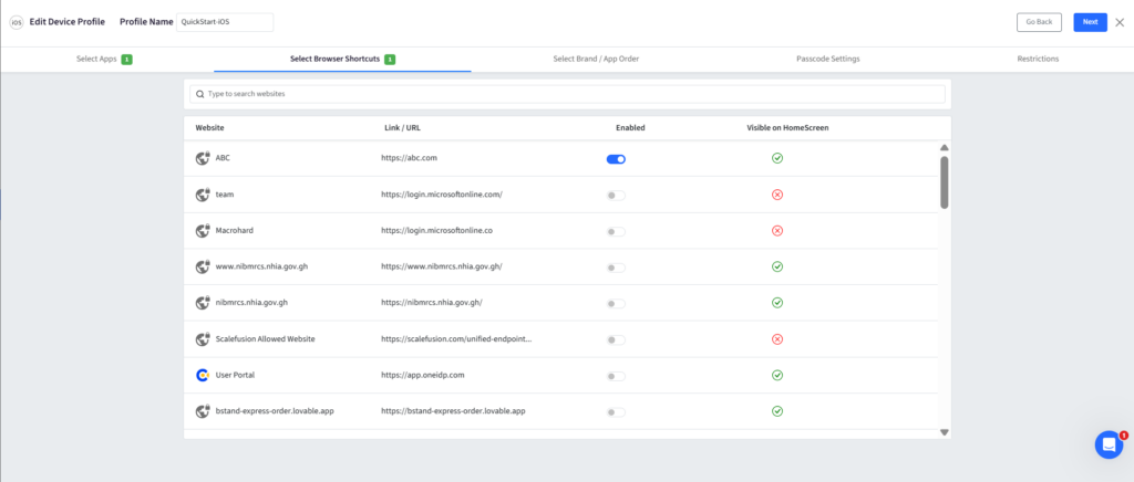Settings page listing browser shortcuts with site, URL, enable toggle, and home screen visibility status for each entry