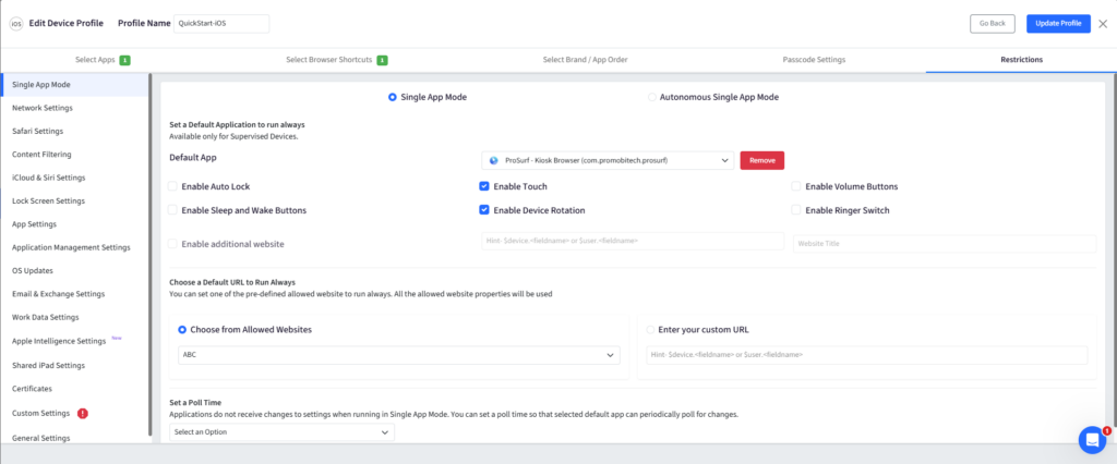 Settings page for an iOS device profile in Single App Mode with default app and toggles for touch, rotation, and wake options on the right panel