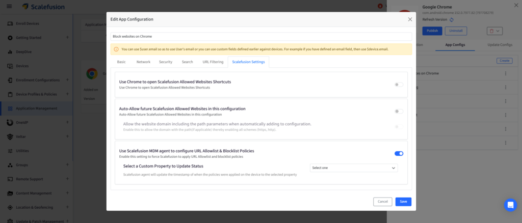Edit App Configuration dialog with toggles for website shortcuts, auto-allow websites, and URL allowlist settings; Save and Cancel buttons.