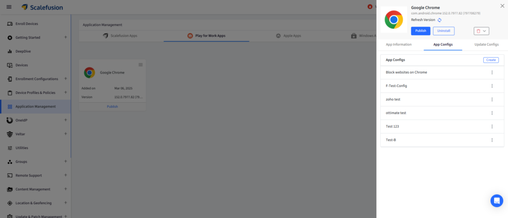 MDM console with Google Chrome app selected; App Configs panel showing options like 'Block websites on Chrome' on the right