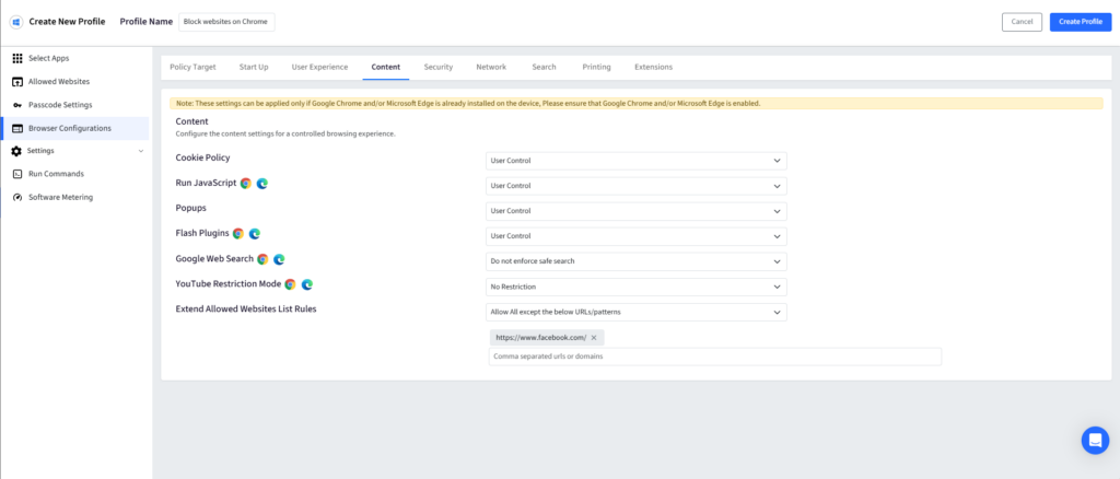 Screenshot of a browser policy settings page showing the Content tab with options like Cookie Policy, Run JavaScript, and Popups in a right-hand panel. The left sidebar lists navigation items such as Browser Configurations and Settings.