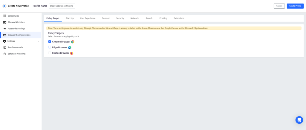 Policy Targets panel with Chrome selected and Edge and Firefox unchecked in a browser list UI.