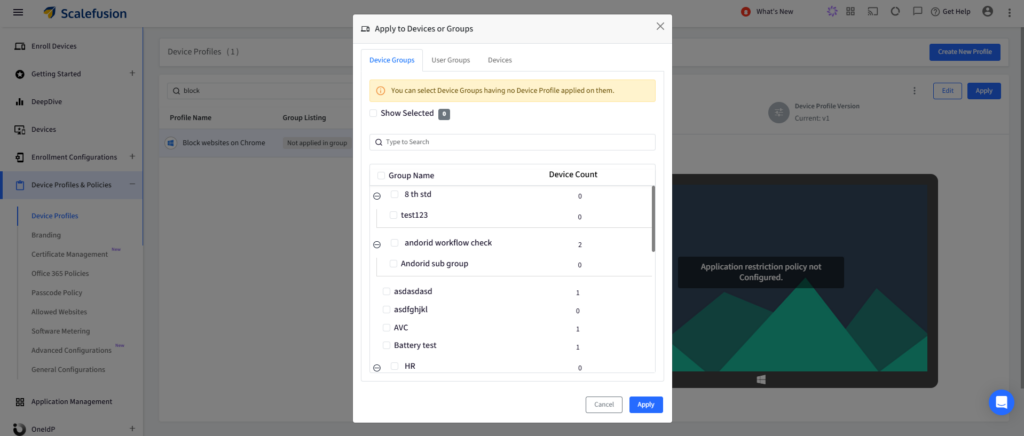 Dialog to apply settings to device groups; shows Device Groups tab with a searchable list of groups and device counts, and an Apply button.