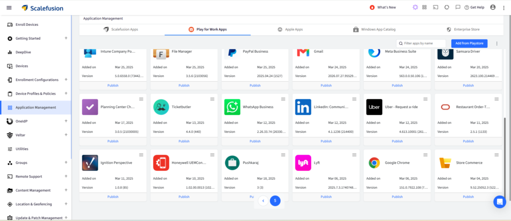 ScaleFussion admin dashboard showing a grid of app tiles under Application Management with a Publish button on each tile (Play for Work Apps tab active).