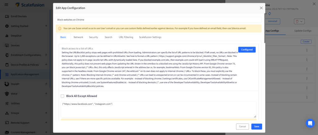 Edit App Configuration modal for blocking websites on Chrome, showing URL blocklist text and a Configured badge with Save/Cancel buttons.