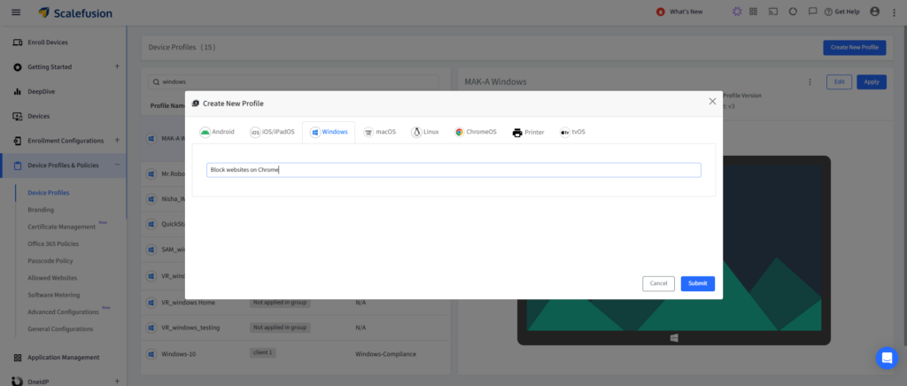 Modal: Create New Profile dialog with platform tabs (Windows selected); text field contains 'Block websites on Chrome' and Cancel/Submit buttons