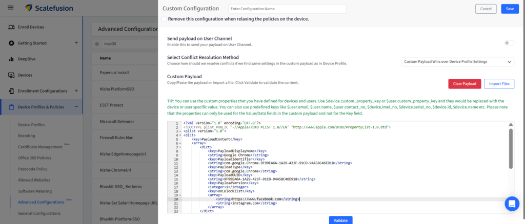 Custom Configuration modal with options to enable payload sending, select conflict resolution method, and a code editor containing a sample XML payload as the main content area.