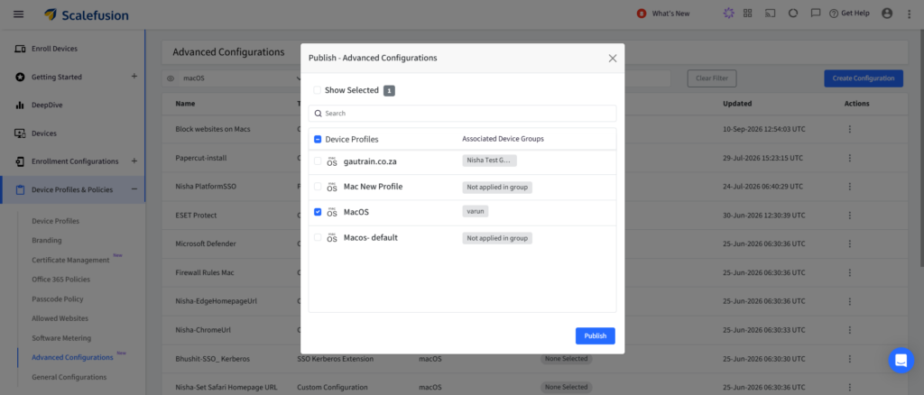 Modal titled 'Publish - Advanced Configurations' with a list of Device Profiles and a blue Publish button at the bottom center.