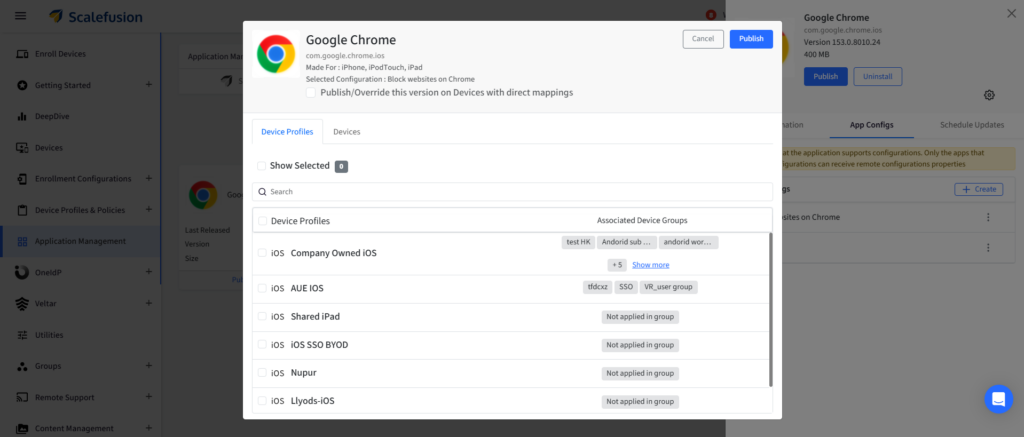 Popup showing Google Chrome app details with a list of Device Profiles and Publish/Cancel buttons