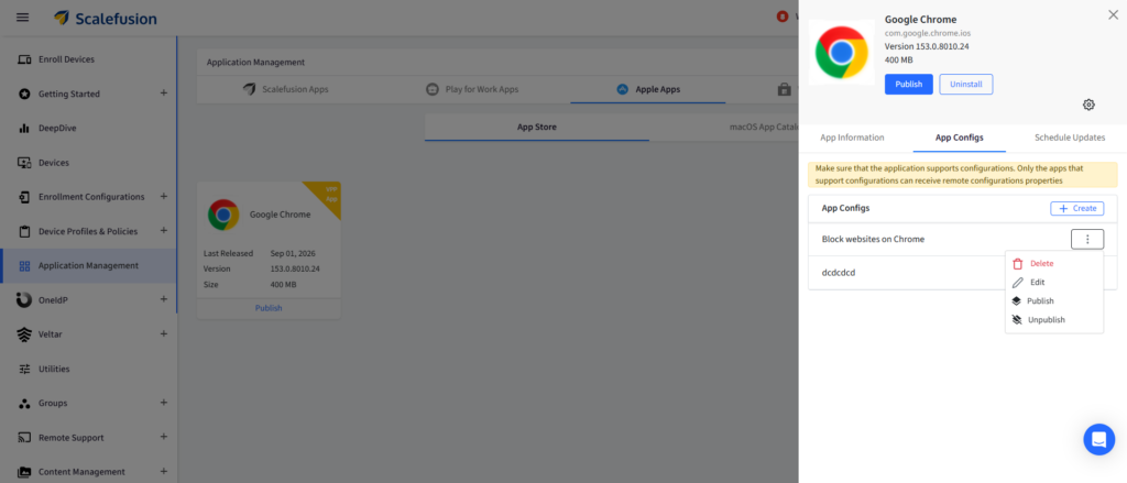 ScaleFusion App Management dashboard showing Google Chrome app details and a right-side App Configs panel