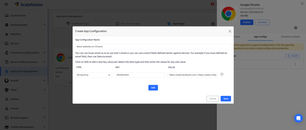 Dialog to create an app configuration titled 'Block websites on Chrome' with fields to add a URL blocklist (e.g., https://www.facebook.com/, https://www.instagram.com/) and an 'Add' button.