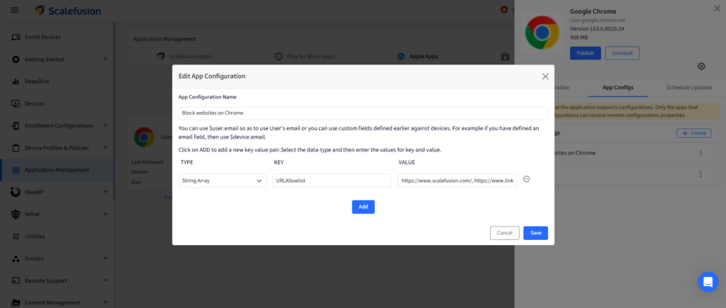 Modal 'Edit App Configuration' to block websites on Chrome with an allowlist of URLs and action buttons Add/Cancel/Save