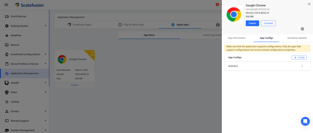 ScaleFusion admin dashboard showing Google Chrome app card under Application Management with App Store tab selected.