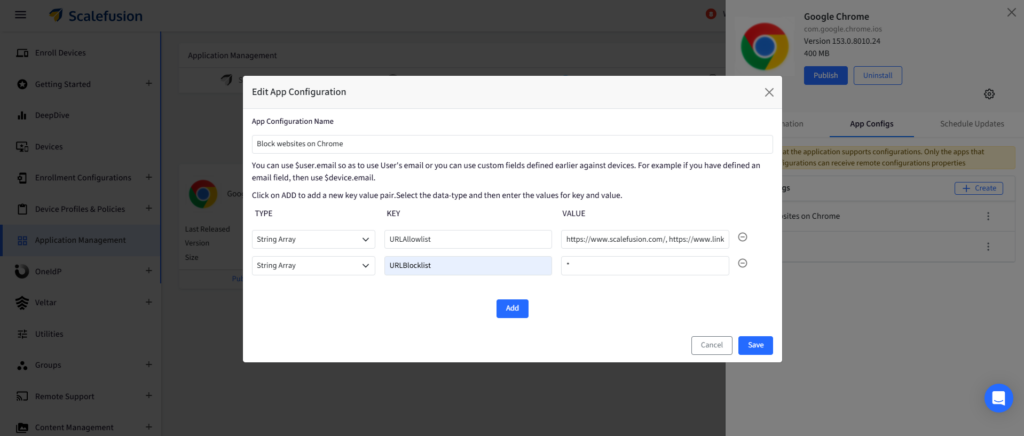 Edit App Configuration dialog titled 'Block websites on Chrome' with allowlist and blocklist fields and Save button, showing URLAllowlist and URLBlocklist entries.