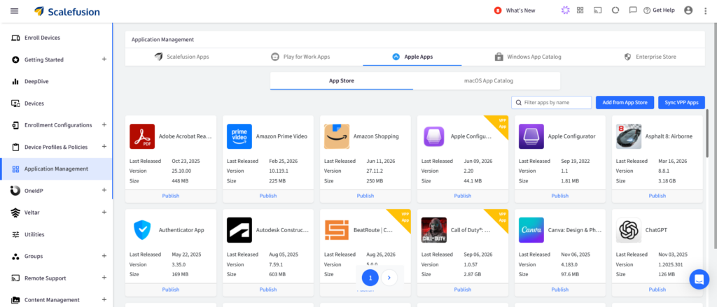 ScaleFusion admin dashboard showing the App Store tab under Application Management with app tiles like Adobe Acrobat, Prime Video, and Amazon Shopping on screen.